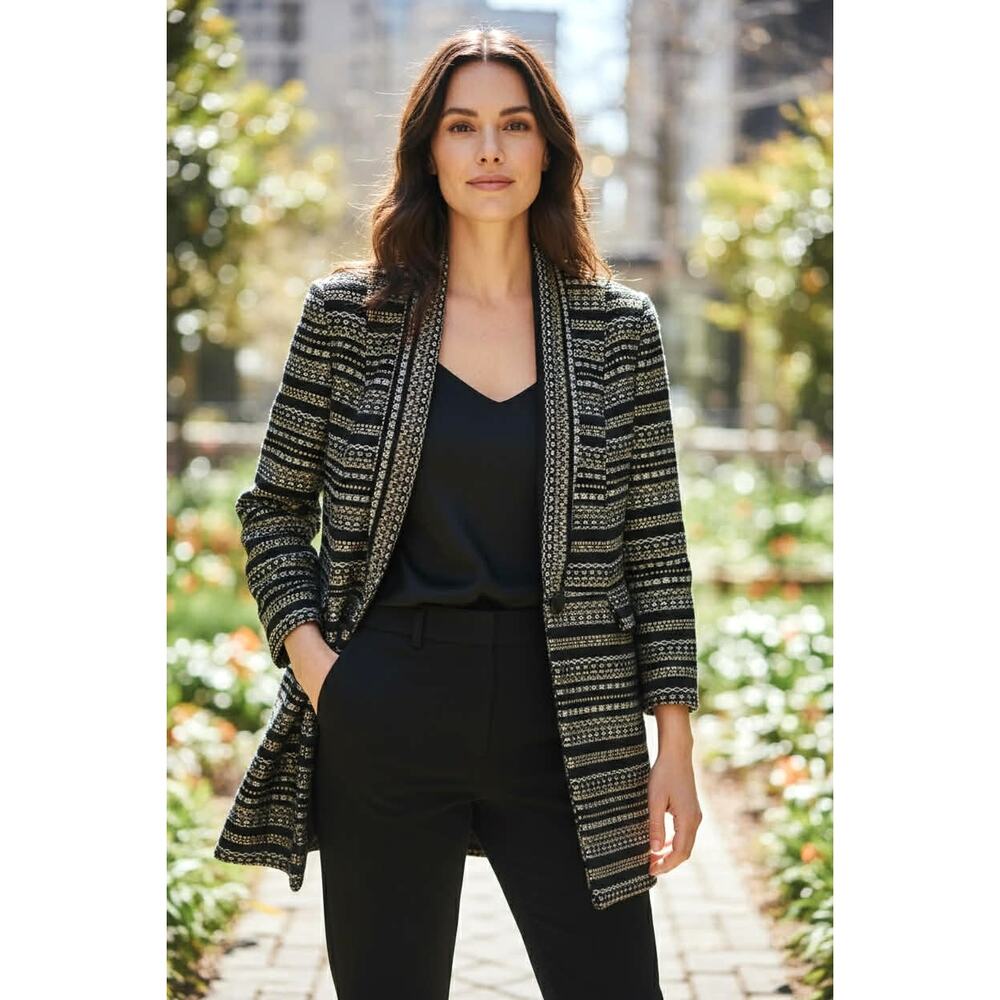 Chico’s Size 0 Small Black Metallic Woven Open Front Jacket Lined With Pockets